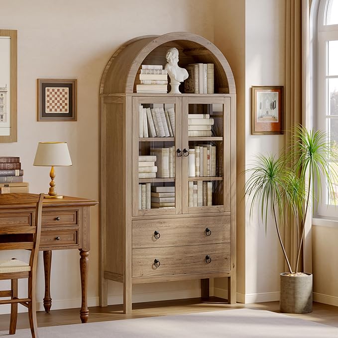 71'' Tall Arched Cabinet, Arched Kitchen Pantry Cabinet with Doors, Wood Arch Storage Cabinets Bookcase with 2 Large Drawers and Adjustable Shelves, Versatile Cupboard for Living Room, Natrual