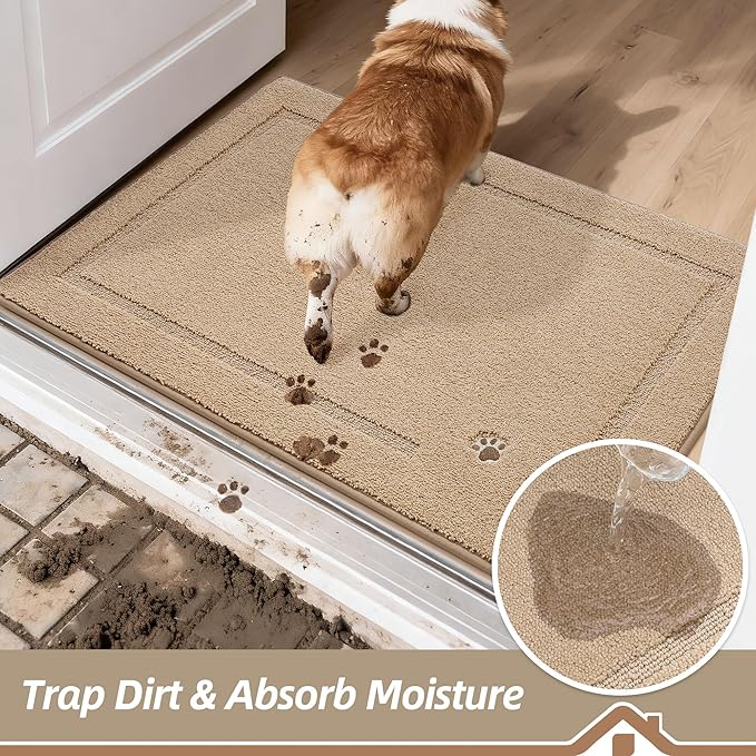 BEQHAUSE Dog Door Mat for Muddy Paws 20"x32" Dirt Trapper Absorbent Doormat Non Slip Entryway Rugs Washable Stain Resistant Welcome Floor Mat Soft Low-Profile for Front Back Door, Beige