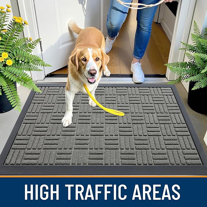 OLANLY Front Door Mat Outside Entrance 29.5x17, Absorbent, Heavy Duty Sturdy Natural Rubber Doormat Indoor Outdoor, Non-Slip, Stain and Fade Resistant, Low Profile Floor Mat for Entryway, Modern Gray