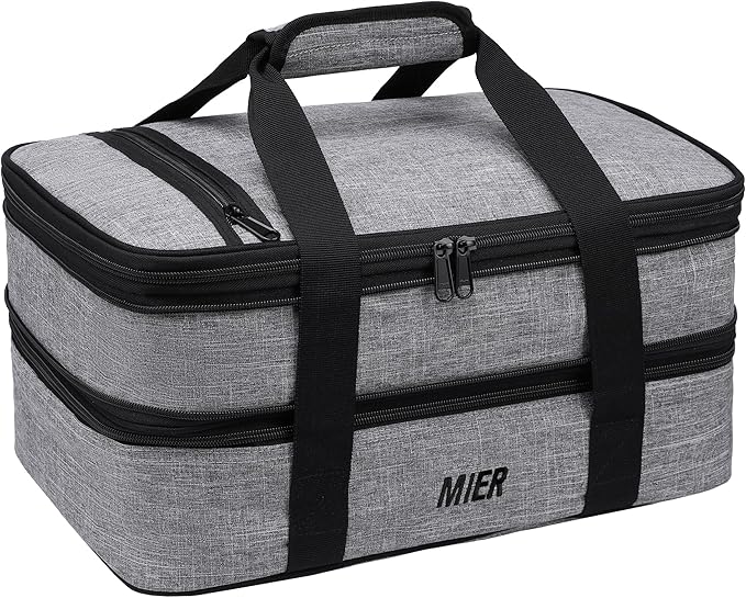 MIER Insulated Double Casserole Carrier Thermal Lunch Tote for Potluck Parties, Picnic, Beach, Fits 9 x 13 Inches Casserole Dish, Expandable by Mid Zipper, Gray