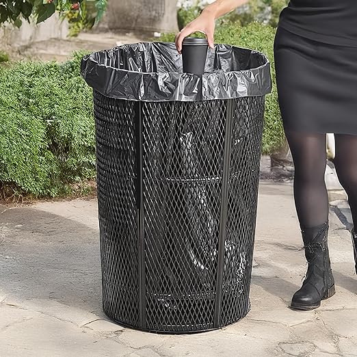 48 Gallon Mesh Black Trash Can, Steel Outdoor Heavy-Duty Commercial Waste Bin, Round Recycle Container, Durable Garbage Can for Parks, Municipalities, Schools, Parking