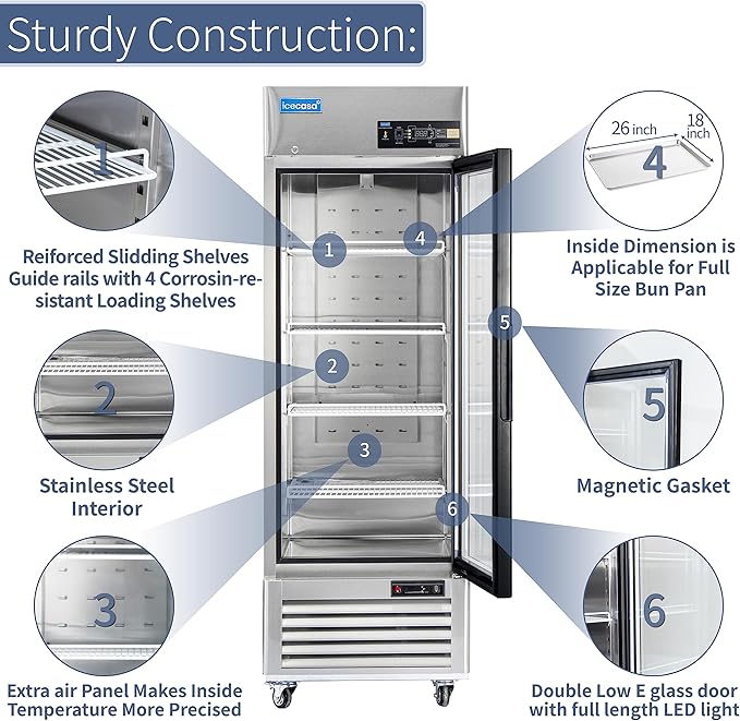 ICECASA 27" W Commercial Display Refrigerator Single Glass Door Merchandiser Reach-in 23 Cu.ft Stainless Steel Display Refrigerator Fan Cooling for Restuarant, Bar, Shop, etc