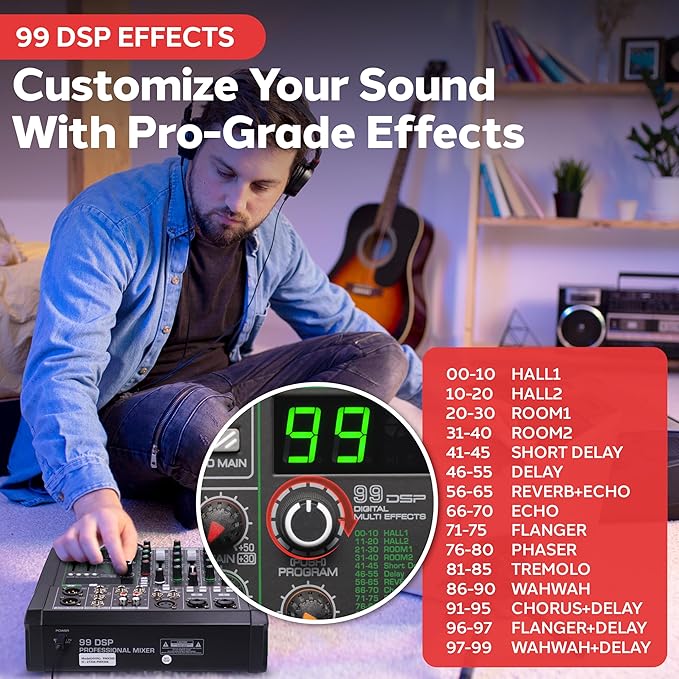 Pyle 6-Channel Audio Mixer, Bluetooth Studio Mixer/DJ Controller with Digital Effects, USB Interface, MP3 Compatible, XLR Inputs and LED Display, Audio Mixing Sound board System 10”x11”x3” inches