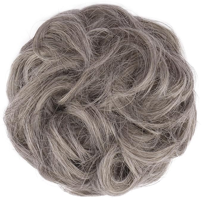 FESHFEN Large Messy Bun Hair Piece - Wavy Synthetic Chignon Scrunchies Elastic Ponytail Hair Extensions Thick Hairpieces for Women, Salt and Pepper 1.94oz