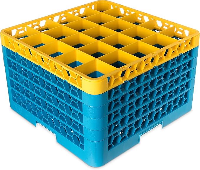 CFS RG25-5C411 OptiClean 25 Compartment Glass Rack with 5 Extenders, 11.9", Polypropylene, Yellow/CFS Blue