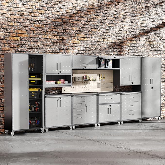 Garage Cabinet Wall Mounted with Doors and Opening Drawer, Heavy Duty Metal Garage Wall Cabinets Hanging Cabinets with Lock Tool Cabinet for Kitchen Warehouse, Assembly Required