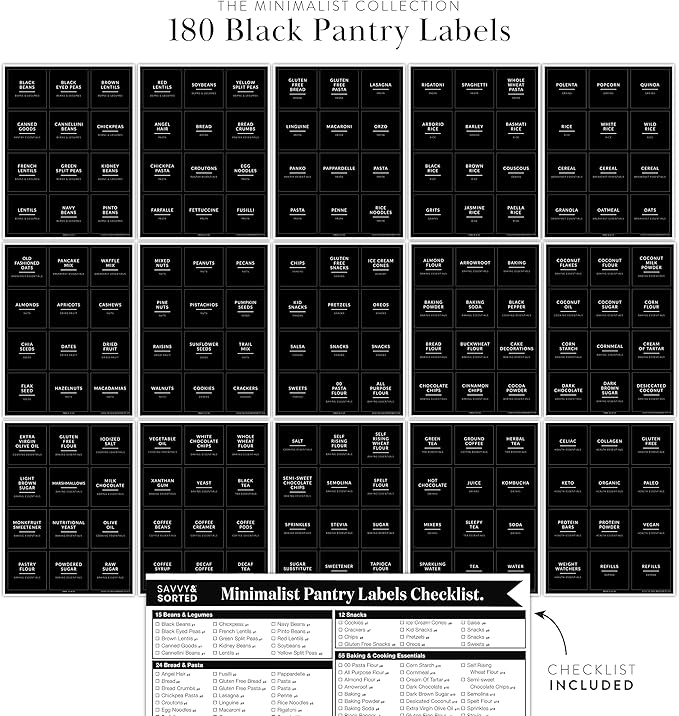 SAVVY & SORTED Black Labels for Containers, 180 Kitchen Labels for Food Storage Container, Pantry Labels for Food Storage, Organize Pantry Essentials Canister Label