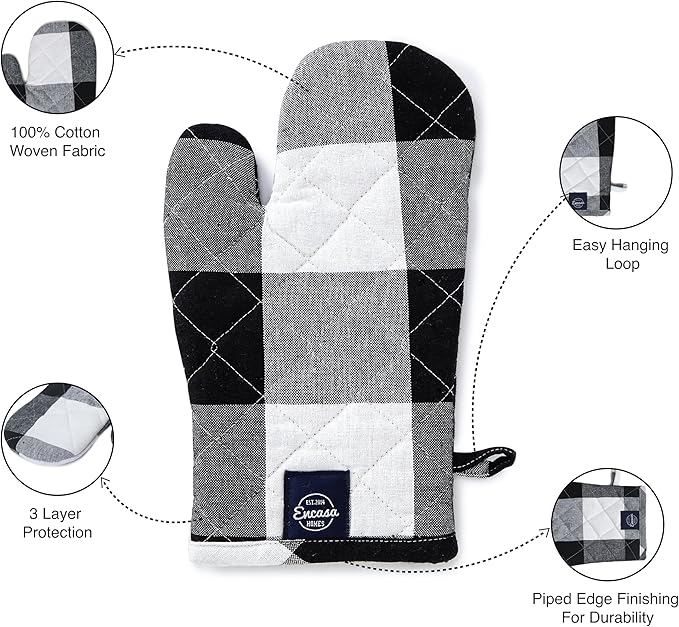 Encasa XO Long 12"x7" Oven Microwave Hand Gloves Mitts (2 pc Set) for Kitchen Cooking & Baking - Heat Resistant, Thick & Safe, Protection of Hands from Hot Utensils - Buffalo Black Checks