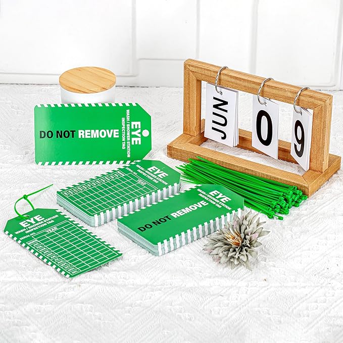 90Sets Eye Wash Station Inspection Tags with Adjustable Wire Ties Yearly Monthly Test Record Labels for Emergency Shower Safety Register 5.51 X 3 Inch