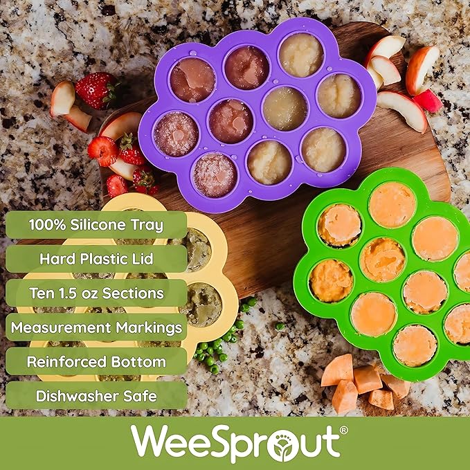 WeeSprout Silicone Baby Food Freezer Tray with Clip-on Lid - Perfect Storage Container for Homemade Baby Food, Vegetable & Fruit Purees, and Breast Milk (Navy, Ten 1.5 Ounce Sections)