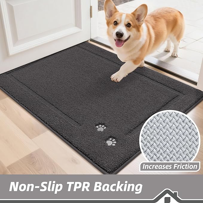 BEQHAUSE Dog Door Mat for Muddy Paws 24"x36" Dirt Trapper Absorbent Doormat Non Slip Entryway Rugs Washable Stain Resistant Welcome Floor Mat Soft Low-Profile for Front Back Door, Dark Grey
