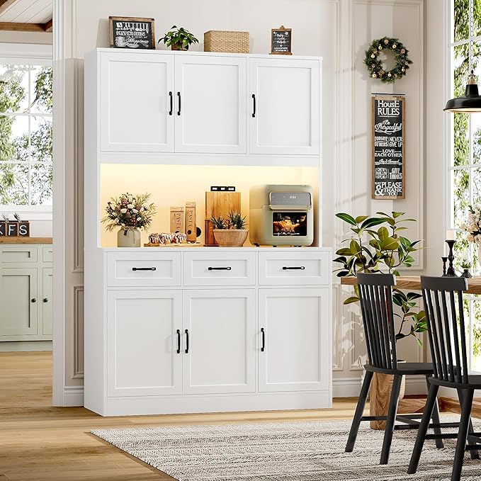 HOSTACK 72" Tall Kitchen Pantry Cabinet with Charging Station | LED Lights, 47" W Kitchen Pantry Storage Cabinet with Countertop, Modern Kitchens Hutch Cabinets with Storage for Dining Room, White