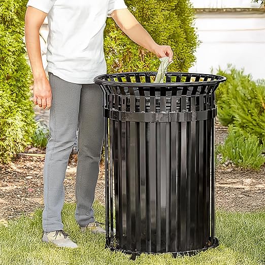 45 Gallon Black Trash Can with Flat Lid, Outdoor Heavy-Duty Commercial Waste Bin Steel Slatted, Round Recycle Container, Durable Garbage Can for Parks, Municipalities, Schools, Parking