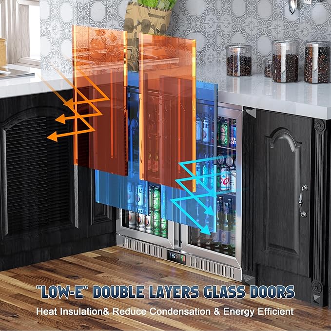 Coolski 36 Inch Back Bar Cooler, Under Counter Beverage Refrigerator with Glass Doors, Commercial Counter Height Display Fridge for Beer Soda, 7.4 Cu.Ft. Capacity/LED Lighting/ETL NSF Approved
