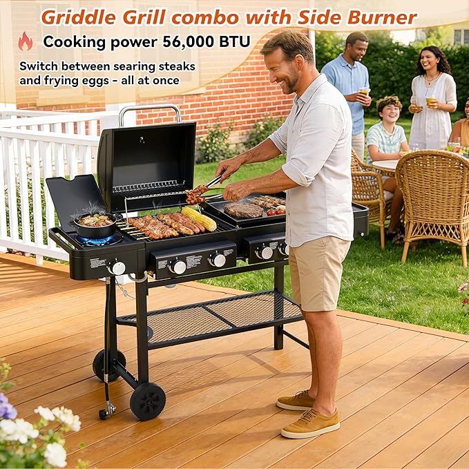 5 Burner Propane Gas Grill with Grilling & Griddling, 56,000 BTU Gas Grill with Side Burner, BBQ Grill with Stainless Steel Frame, 745 Sq In Cooking Area for Patio Backyard, Patio