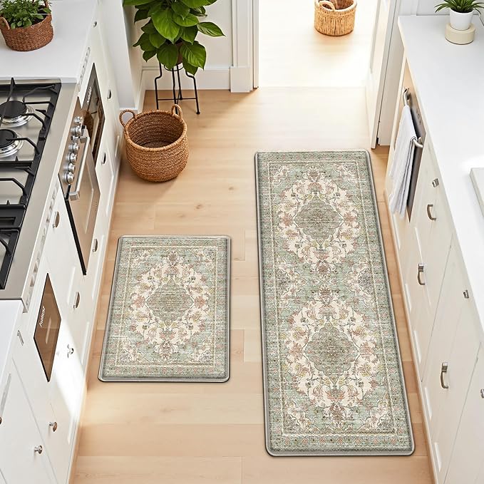 Boho Kitchen Mats for Floor 2 Piece Set Anti Fatigue Cushioned PVC Kitchen Rugs Non Slip Waterproof Farmhouse Mats 2/5 Inch Comfort Standing Mat for Sink, Laundry, 17.3"x47"+17.3"x28", Green Beige