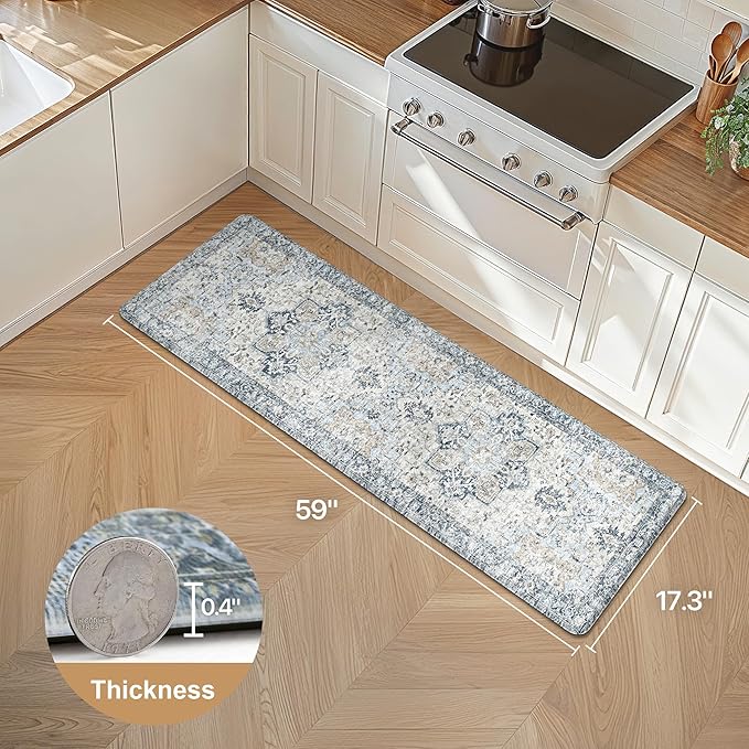 GENIMO Kitchen Mats for Floor, Washable Anti Fatigue Mat for Cushioned,17.3"x59", Waterproof Kitchen Rugs, Non Slip Foam Comfort Standing Mat Rug for Home, Runner, Sink, Office, Laundry, Light Blue