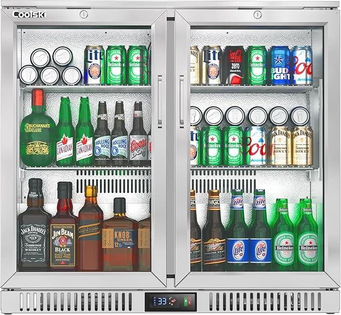Coolski 36 Inch Back Bar Cooler, Under Counter Beverage Refrigerator with Glass Doors, Commercial Counter Height Display Fridge for Beer Soda, 7.4 Cu.Ft. Capacity/LED Lighting/ETL NSF Approved