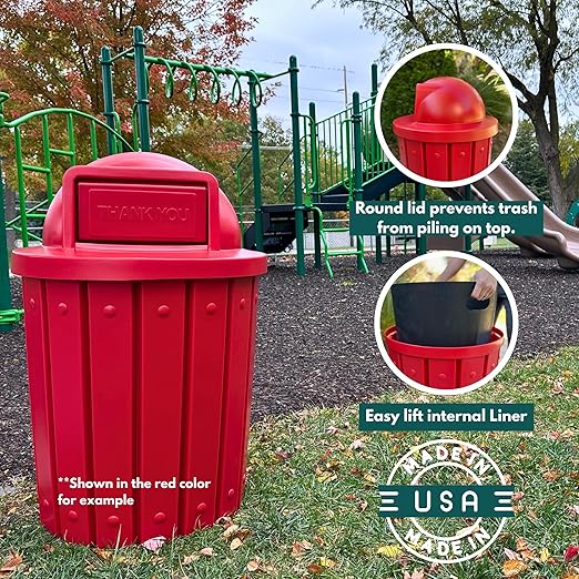 Campus Collection 42 Gallon Slatted Circle 100% Recycled Plastic Commercial Outdoor and Indoor Trash Can with Push Open Dome Lid and Internal Liner | Great for Schools and Businesses - Black