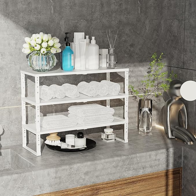 Expandable Adjustable Stackable Kitchen Organizer, Spice Rack,Metal Pantry Storage Shelves Racks,Counter Shelf for Cabinets, Countertop, Cupboard(2 Packs/Large/White)