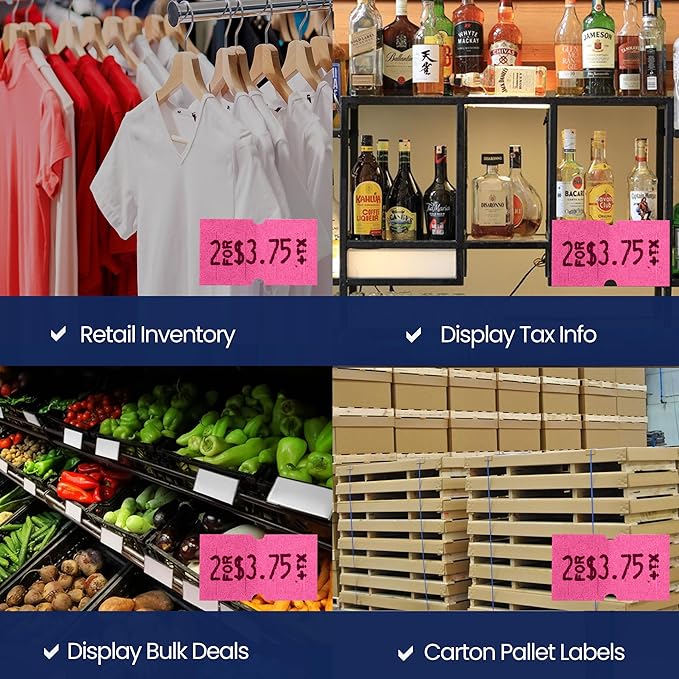 Perco 1 Line Fluorescent Pink Labels - 32 Rolls, 4 Sleeves, 32,000 Blank Price and Date Gun Labels for Perco Lite, X, Plus and Pro 1 Line Price and Date Guns - Made in USA