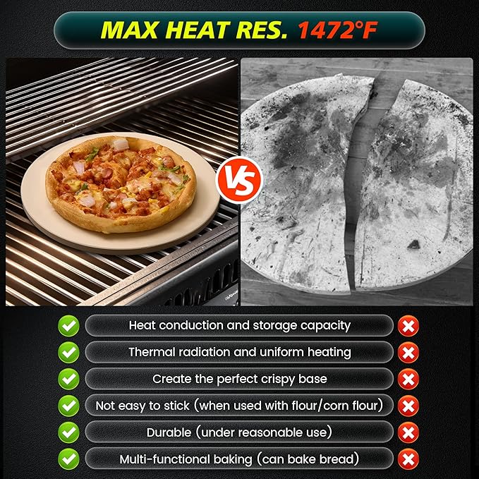 13 Inch Cordierite Pizza Stone 4-Piece Set for Oven & Grill - Round Baking Stone with Wooden Peel, Roller Cutter & Mini Cake Shovel