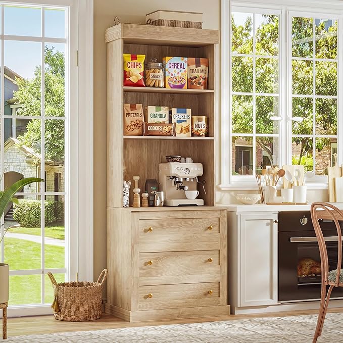 71" Farmhouse Kitchen Pantry Cabinet, Brown Freestanding Coffee Bar Hutch with Glass Doors, Drawers & Adjustable Shelves, Large Storage Cabinet with Microwave Stand for Living Room & Kitchen, Set of 3