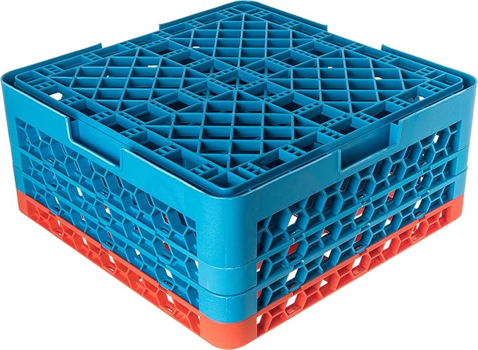 CFS RG25-3C412 OptiClean 25 Compartment Glass Rack with 3 Extenders, 8.72", Polypropylene, Orange/CFS Blue