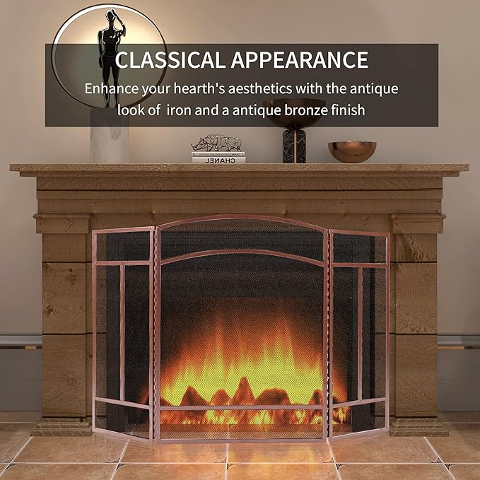 Fire Beauty Fireplace Screen 3 Panel Wrought Iron 48"(L) x 29"(H) Spark Guard Cover(Antique Bronze)