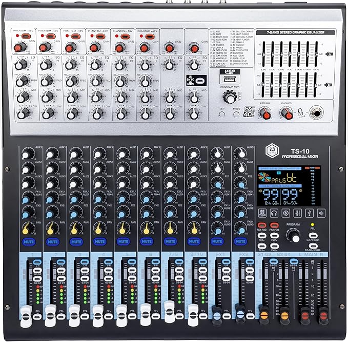 W IN-MIX 10 Channel Professional Multi-Functional Mixer,99DSP Digital Effects, MP3 Player, 48V Phantom Power with Independent Mute Switches Audio Console For Studio & Stage
