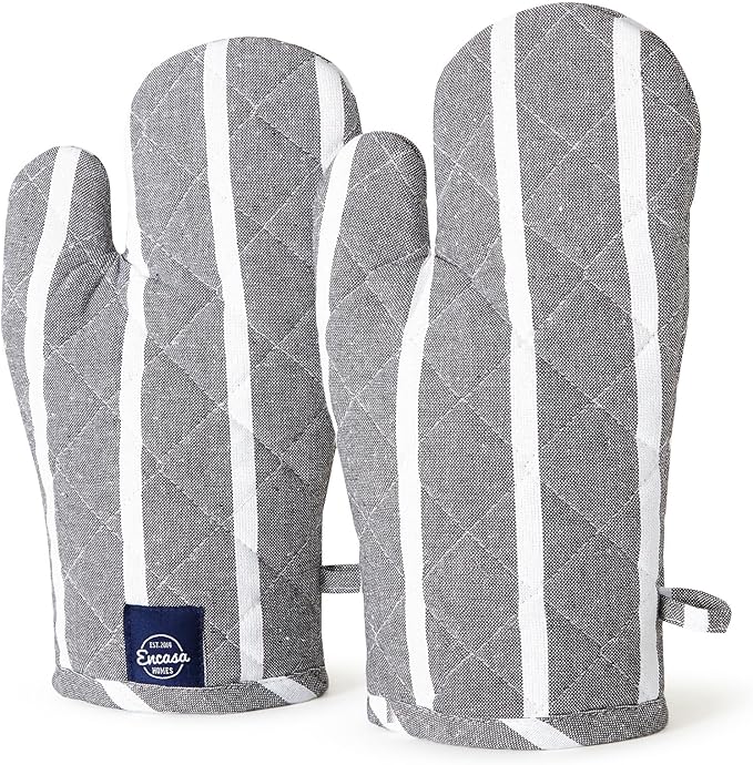 Encasa XO Long 12"x7" Oven Microwave Hand Gloves Mitts (2 pc Set) for Kitchen Cooking & Baking - Heat Resistant, Thick & Safe, Protection of Hands from Hot Utensils - Roma Grey Stripes