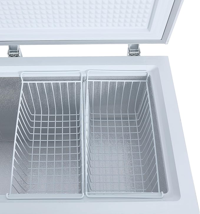Hamilton Beach HBFRF2129 21 cu ft Double Door LID Garage-Ready Chest Freezer-White, Vinyl-Coated Baskets, Space-Saving Flat Back, Stay-Open, Front-Access Drain, for Storage, Hunting, Large Family