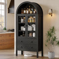 71'' Tall Arched Cabinet, Arched Kitchen Pantry Cabinet with Doors, Wood Arch Storage Cabinets Bookcase with 2 Large Drawers and Adjustable Shelves, Versatile Cupboard for Living Room, Black