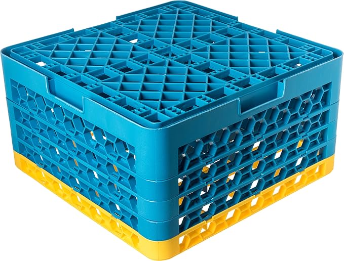 CFS RG16-4C411 OptiClean 16 Compartment Glass Rack with 4 Extenders, 10.3", Polypropylene, Yellow/CFS Blue