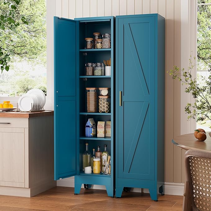 Narrow Bthroom Storage Cabinet Tall Metal Storage Cbinets with 4 Adjustable Shelves Freestanding 5 Tier Slim Pantry Cabinet for Kitchen Office Small Space