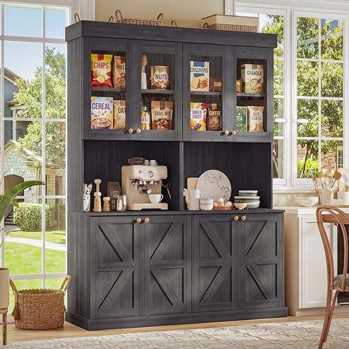 Vyre 71" Farmhouse Kitchen Pantry Cabinet Set of 2, Black Freestanding Coffee Bar Hutch with Glass Doors & Adjustable Shelves, Large Storage Cabinet with Microwave Stand for Living Room & Kitchen