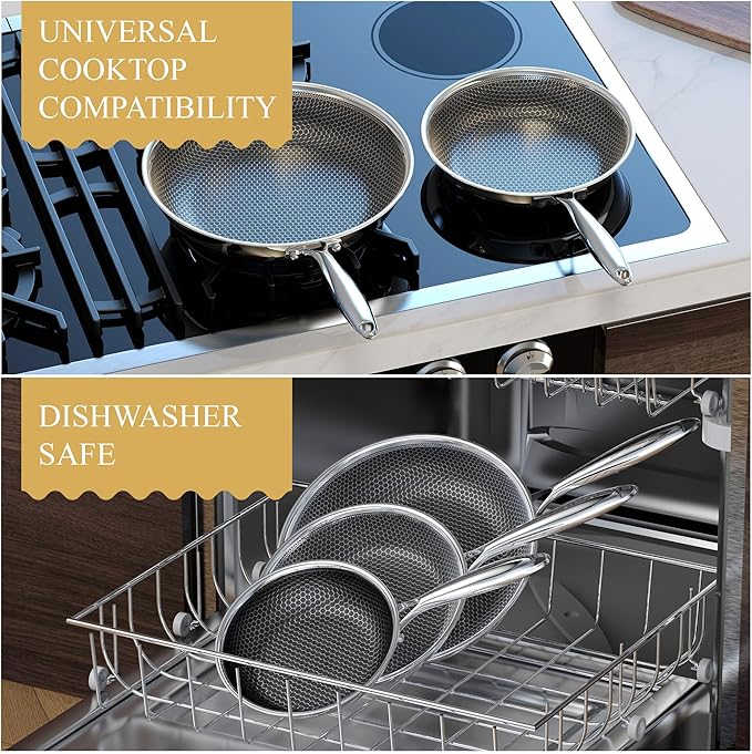 Bielmeier 8, 10, 12 Inch Nonstick Frying Pan，3-Piece Set Stainless Steel Flat Bottom Frying Pan for Gas, Electric & Induction Cooktops, Dishwasher S