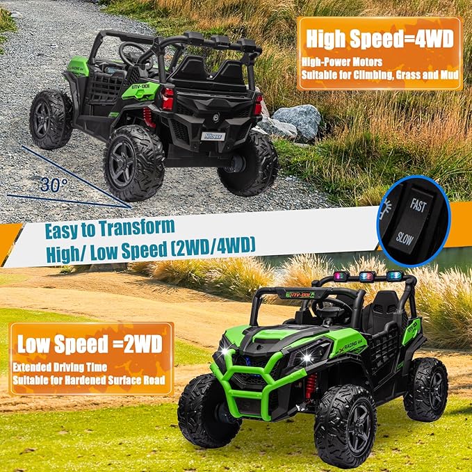 24V 2 Seater Kids Ride On Car, Battery Powered Ride On UTV with Remote Control, 4x4 Side by Side Truck, Kids Electric Vehicle with Bluetooth, Green