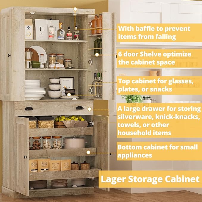 IRONCK Kitchen Pantry Cabinet 72" Height, Freestanding Cupboard with Drawer, Sliding Storage Rack, and 6 Hanging Shelves for Dining Room, Laundry, Rustic Maple
