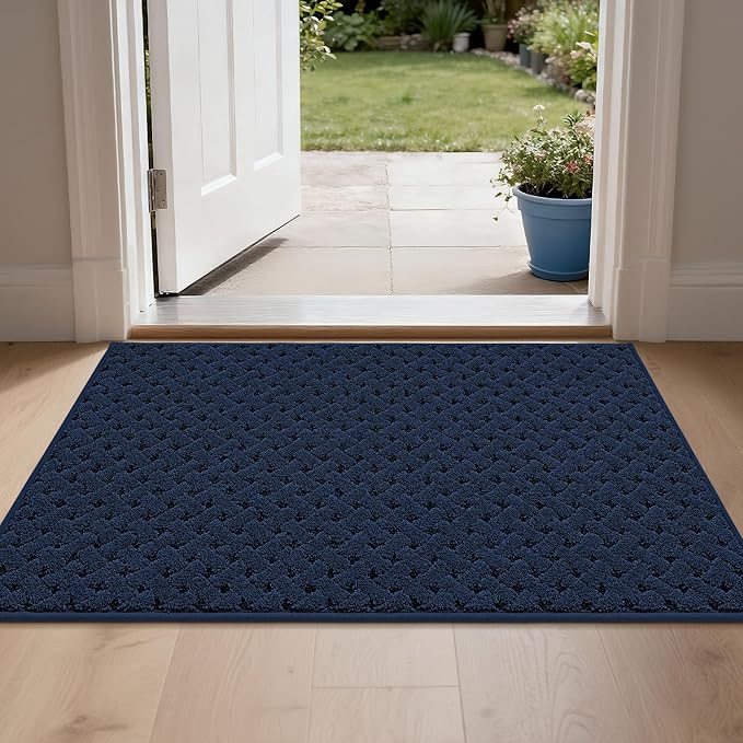 BEQHAUSE Dirt Trapper Door Mat Non-Slip Entryway Rugs Stain Resistant Absorbent Dog Doormats Woven-Look Washable Welcome Floor Doormat for Front Back Door, Muddy Wet Shoes & Paws, 24" x 36", Blue