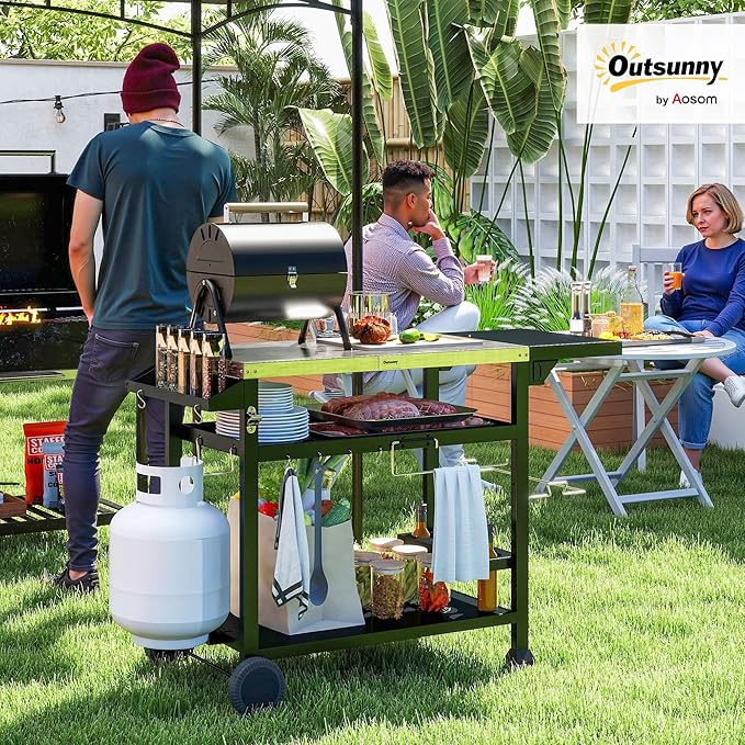 Outsunny Outdoor Grill Cart with Foldable Side Table, 46" x 21.75" Multifunctional Stainless Steel Pizza Oven Stand with Three-Shelf, Movable Food Prep Table on Wheels, Black