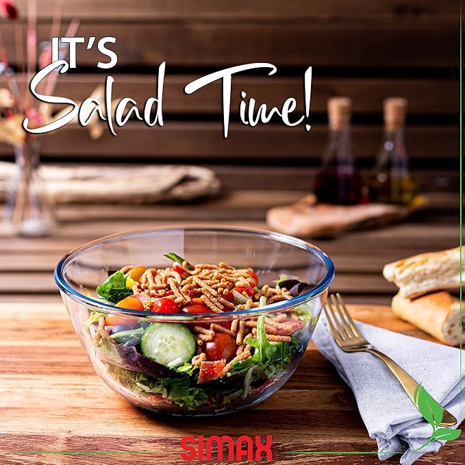 SIMAX Glass Mixing Bowl, 1.8 Quart Clear Glass, Modern, Contemporary, Oven & Microwave Safe, Mixing, Serving, Baking