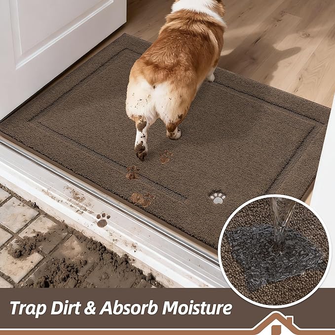 BEQHAUSE Dog Door Mat for Muddy Paws 24"x36" Dirt Trapper Absorbent Doormat Non Slip Entryway Rugs Washable Stain Resistant Welcome Floor Mat Soft Low-Profile for Front Back Door, Brown