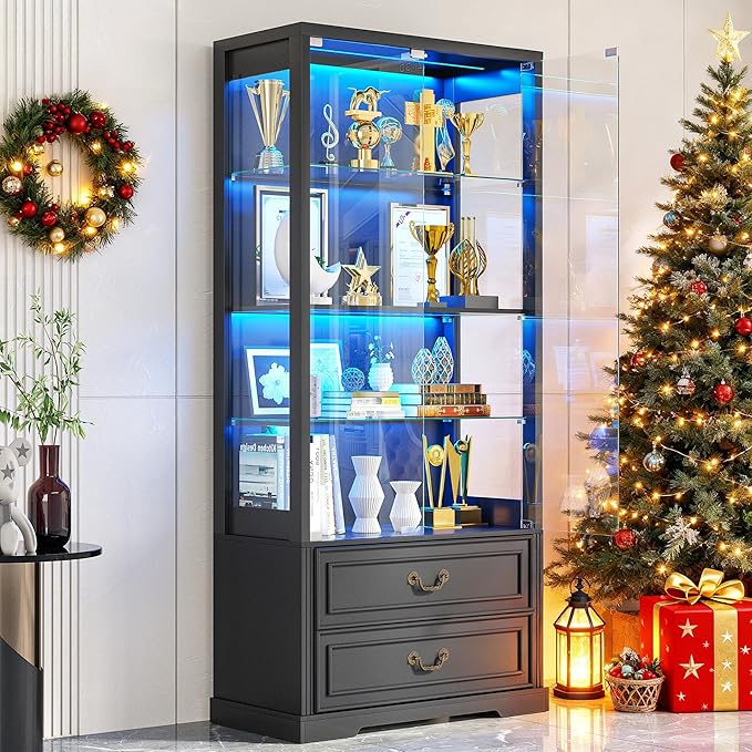 Glass Display Cabinet with Door, 4-Tier Curio Cabinet with 2 Drawers and Adjustable Glass Height Showcase, Display Case with 3 LED Light and Human Body Sensor, Black