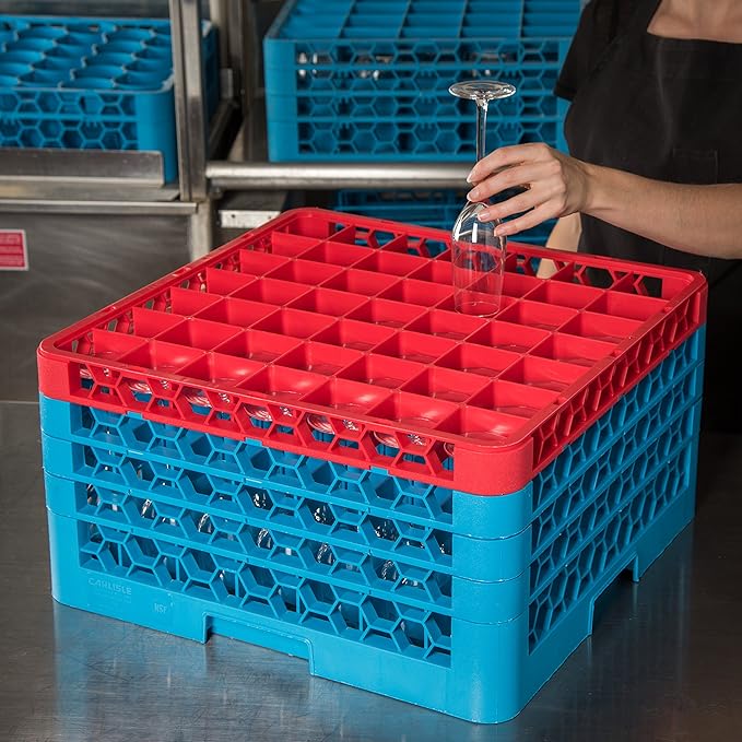 CFS RG49-4C410 OptiClean 49 Compartment Glass Rack with 4 Extenders, 10.3", Polypropylene, Red/CFS Blue