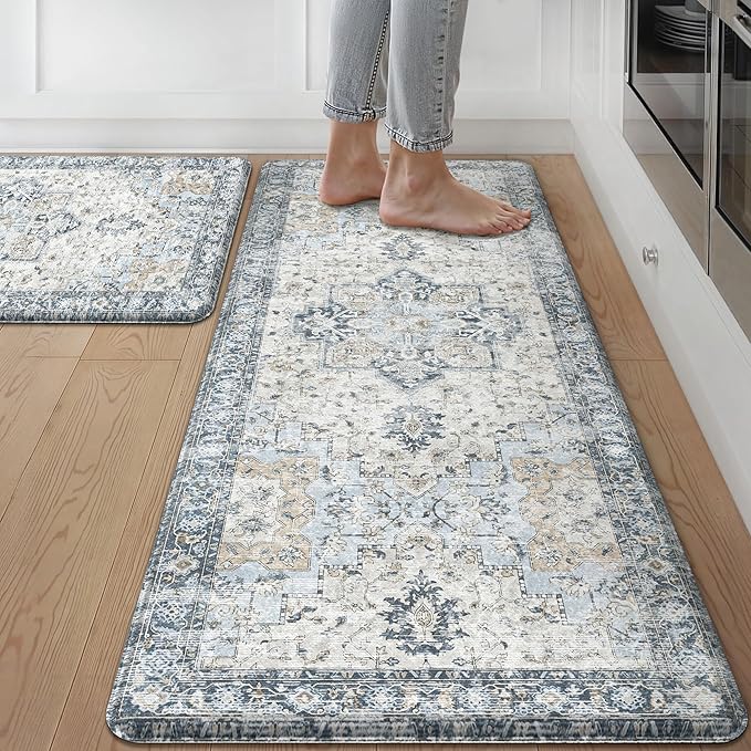 GENIMO Kitchen Mats for Floor 2PCs, Washable Anti Fatigue Mat for Cushioned, 20"x48"+20"x32", Waterproof Kitchen Rugs, Non Slip Comfort Standing Mat Rug for Home, Sink, Laundry, Light Blue
