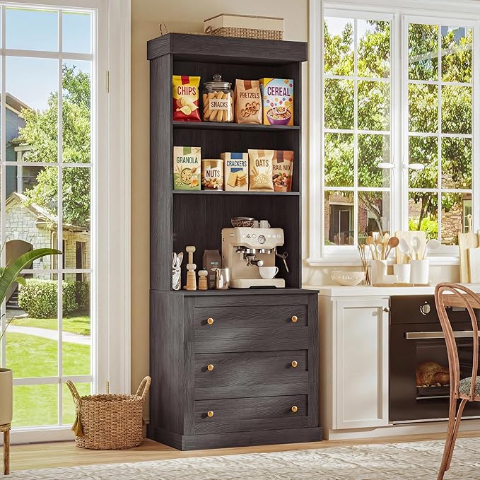 71" Farmhouse Kitchen Pantry Cabinet Set of 2, Black Freestanding Coffee Bar Hutch with Glass Doors, Drawers & Adjustable Shelves, Large Storage Cabinet with Microwave Stand for Kitchen & Living Room