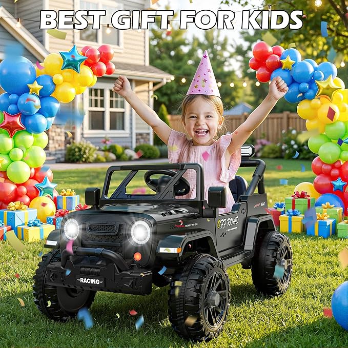 12V Ride On Truck Car with Remote Control, Kids Electric Vehicles with Bluetooth Music, Horn, 3 Speeds, 4 LED Lights, Soft Start, Ride on Toys for Toddler Boys & Girls (Black)