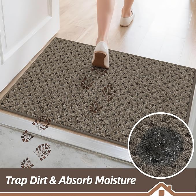 BEQHAUSE Dirt Trapper Door Mat Non-Slip Entryway Rugs Stain Resistant Absorbent Dog Doormats Woven-Look Washable Welcome Floor Doormat for Front Back Door, Muddy Wet Shoes & Paws, 24" x 36", Brown