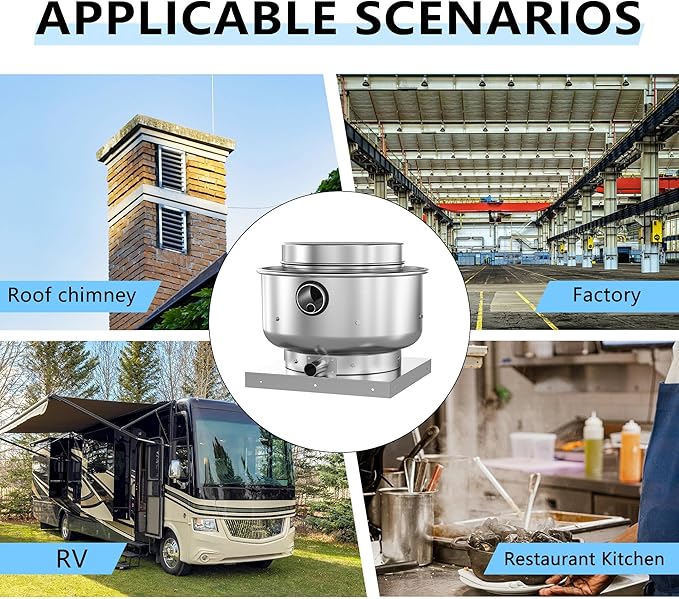 Roof Ventilator Restaurant Hood Grease Rated Exhaust Fan Food Truck Direct Drive Centrifugal Upblast Exhaust Fan 1/6HP 800 CFM 110 Volt Single Phase Motor